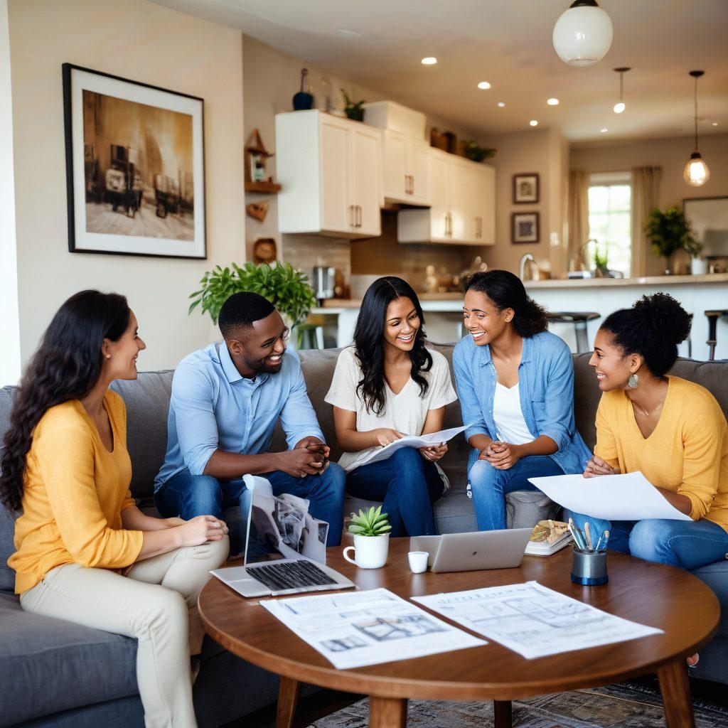 A welcoming living room scene featuring a happy family discussing home buying, surrounded by blueprints and a laptop. Display a cozy atmosphere with warm lighting, diverse individuals representing various cultures, and visual elements like a 'For Sale' sign and a checklist. Include a soft focus on home decorations and personal touches, symbolizing the joy of home ownership. vibrant colors. super-realistic.