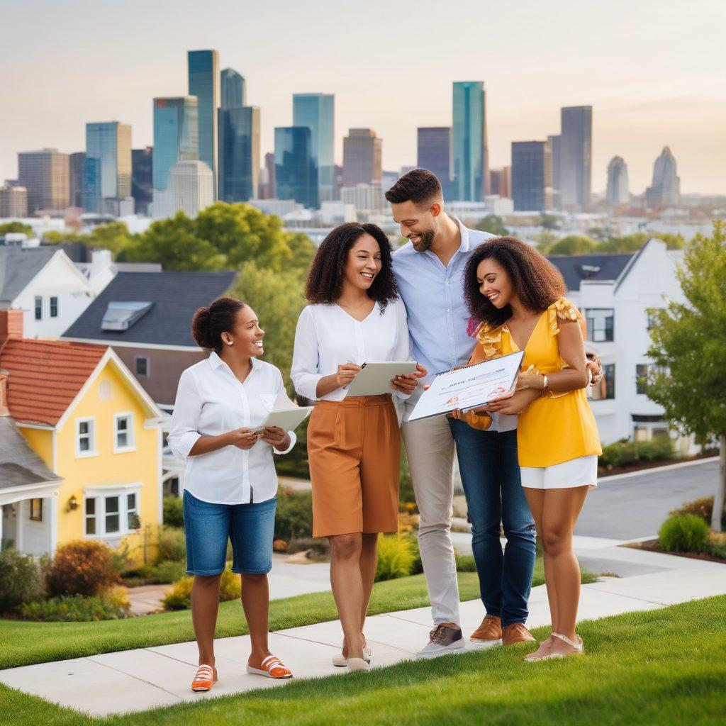 A vibrant, bustling city skyline representing the real estate market, with diverse homes ranging from modern apartments to classic houses. In the foreground, a cheerful family looking at homes, accompanied by a confident real estate agent holding a clipboard. Include icons or symbols like keys and dollar signs floating around to signify buying and selling. The color palette should be bright and inviting to create a sense of optimism. super-realistic. vibrant colors. white background.