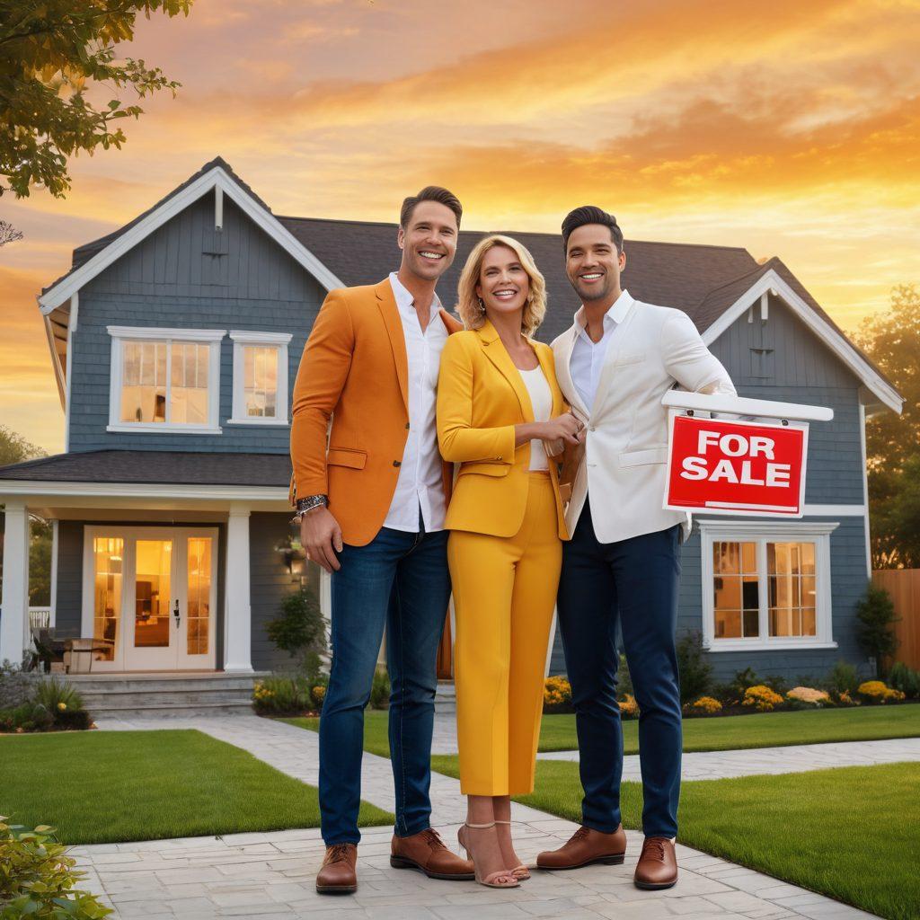 A dynamic and visually engaging scene depicting a real estate agent presenting a sold house to happy new homeowners. Include elements like a 'Sold' sign, diverse and enthusiastic characters, and a background of modern homes and a sunset sky, symbolizing success and new beginnings. Create a feeling of triumph and teamwork. super-realistic. vibrant colors. 3D.